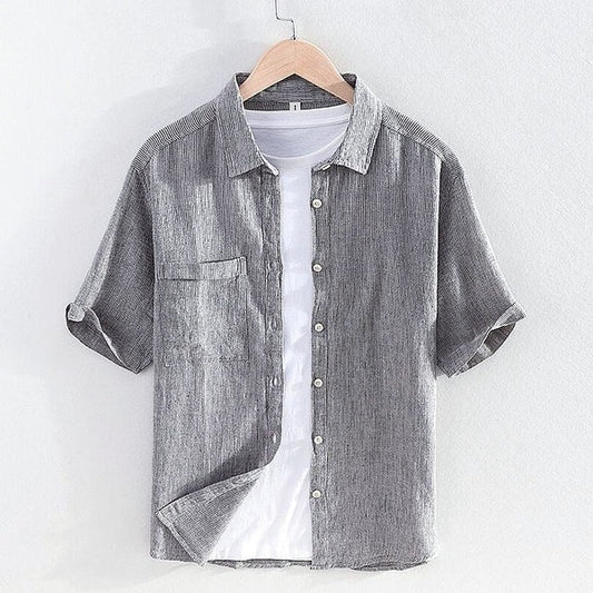 Striped short-sleeved shirt - square neck, cotton-linen material
