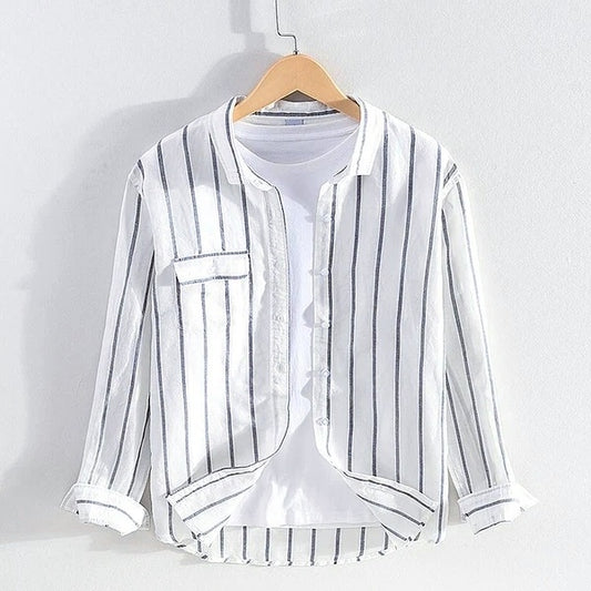 Striped linen long-sleeved shirt - casual slim fit