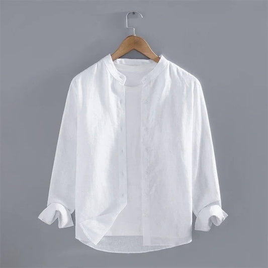 Stand Collar pure linen long-sleeved shirt
