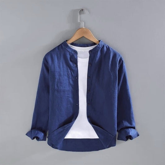 Retro linen long-sleeved stand-collar shirt