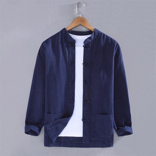 Stand collar cotton linen long-sleeved shirt