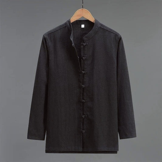 Vintage-style loose-fitting linen shirt - stand collar