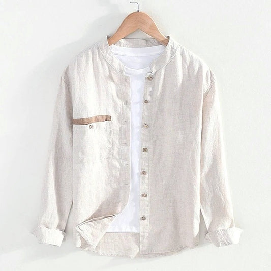 men's Stand Collar pure linen long-sleeved shirt