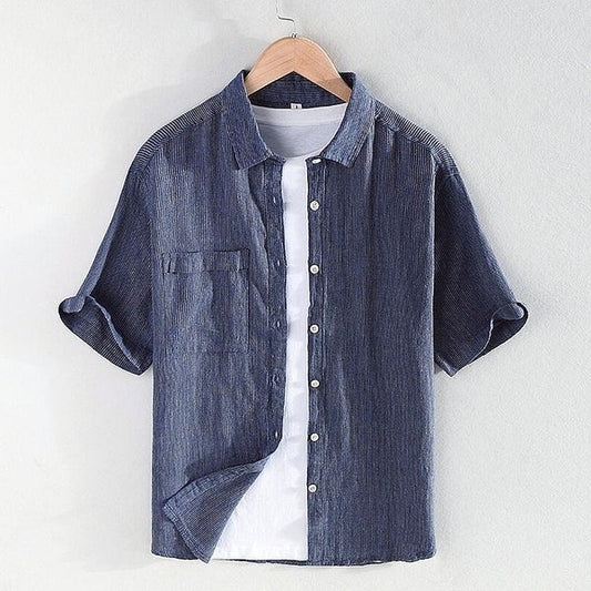 Striped short-sleeved shirt - square neck, cotton-linen material