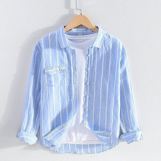 Striped linen long-sleeved shirt - casual slim fit