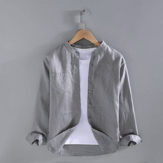 Retro linen long-sleeved stand-collar shirt