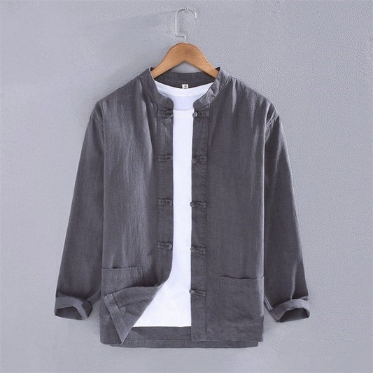 Stand collar cotton linen long-sleeved shirt