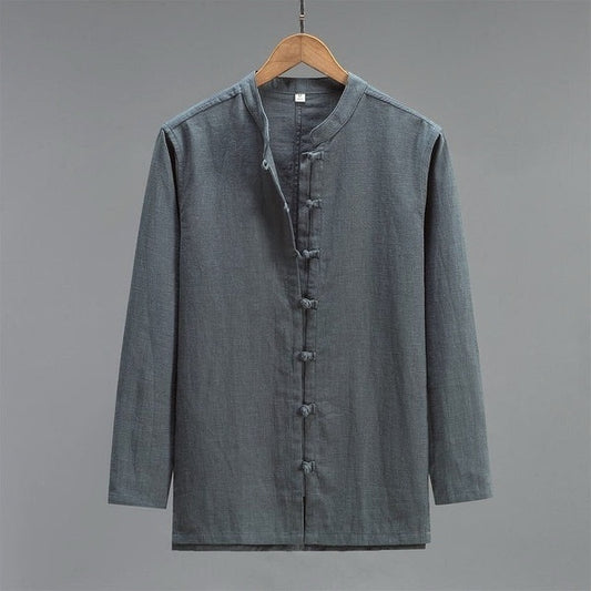 Vintage-style loose-fitting linen shirt - stand collar