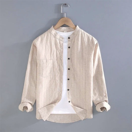 Stand Collar striped cotton-linen long-sleeved shirt