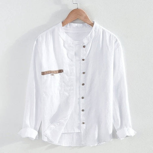 men's Stand Collar pure linen long-sleeved shirt