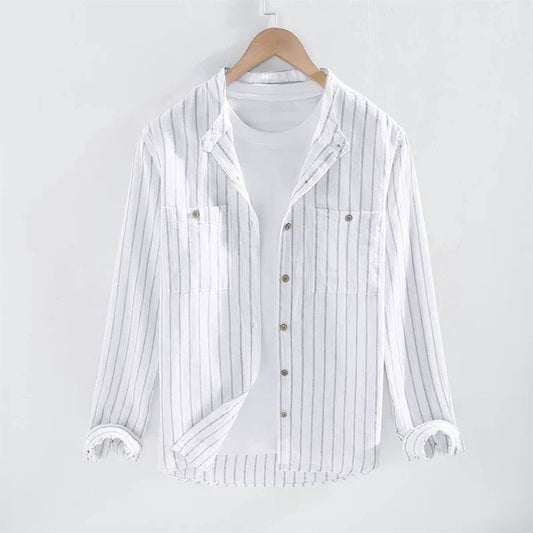 Striped Stand Collar cotton linen shirt