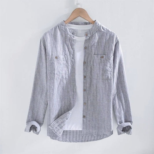 Striped Stand Collar cotton linen shirt