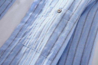 Striped Stand Collar Cotton Linen Shirt